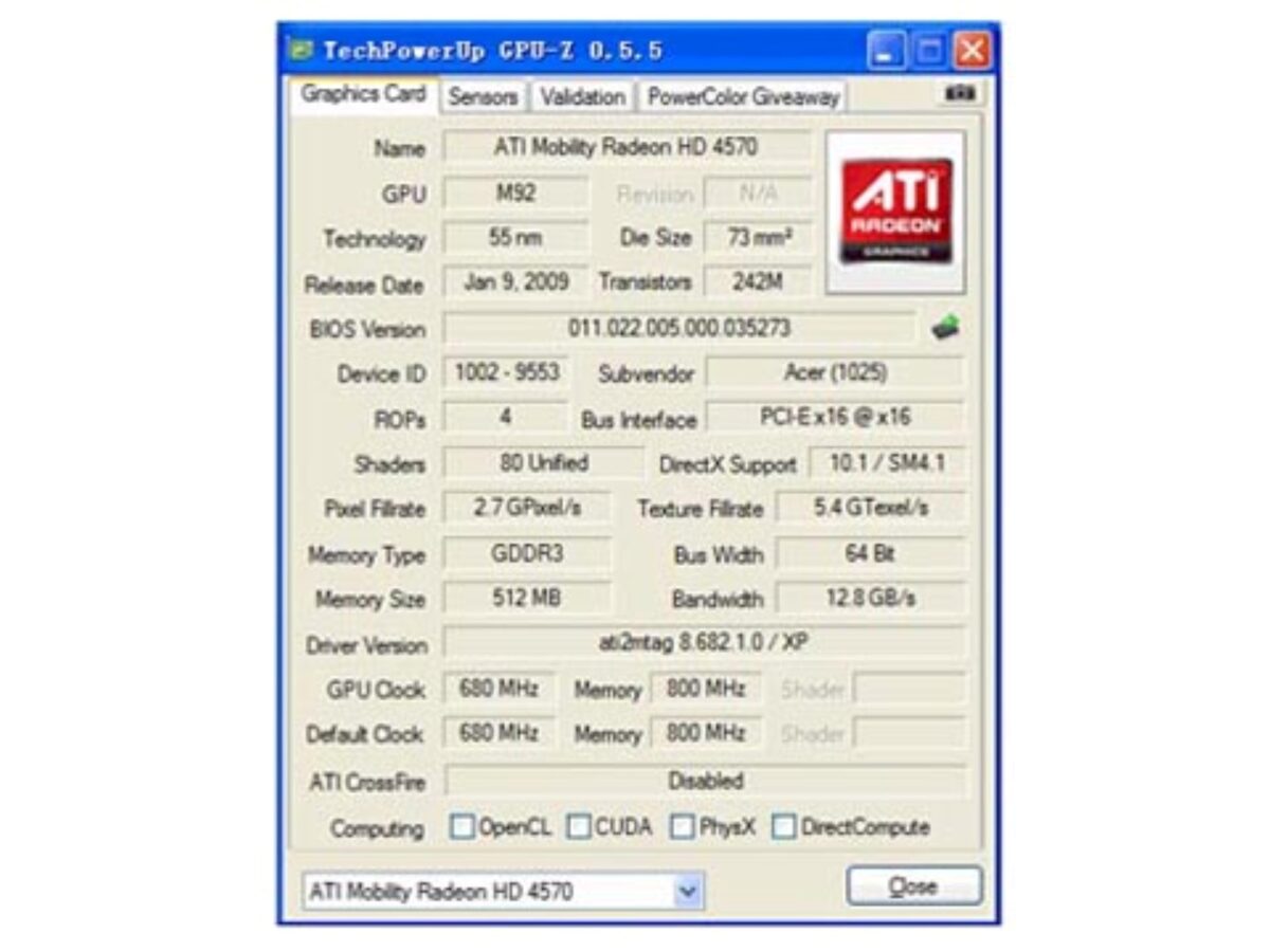 ATI HD4570 GPUz